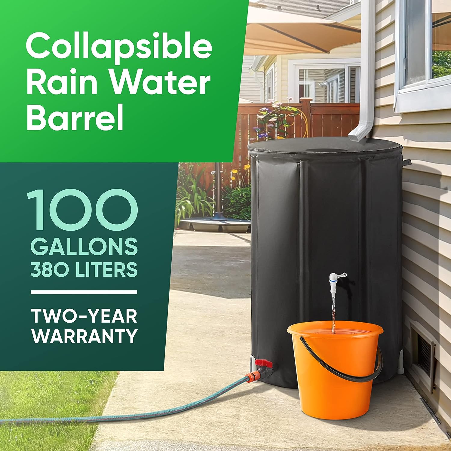 BaseMate Collapsible Rain Barrel | 380 Litre Extra-Stable Rainwater Collection System w/Mesh on Top, Drain Pipe, & Spigot | Rain Barrels to Collect Rainwater from Gutter | Heavy-Duty Rain Catcher