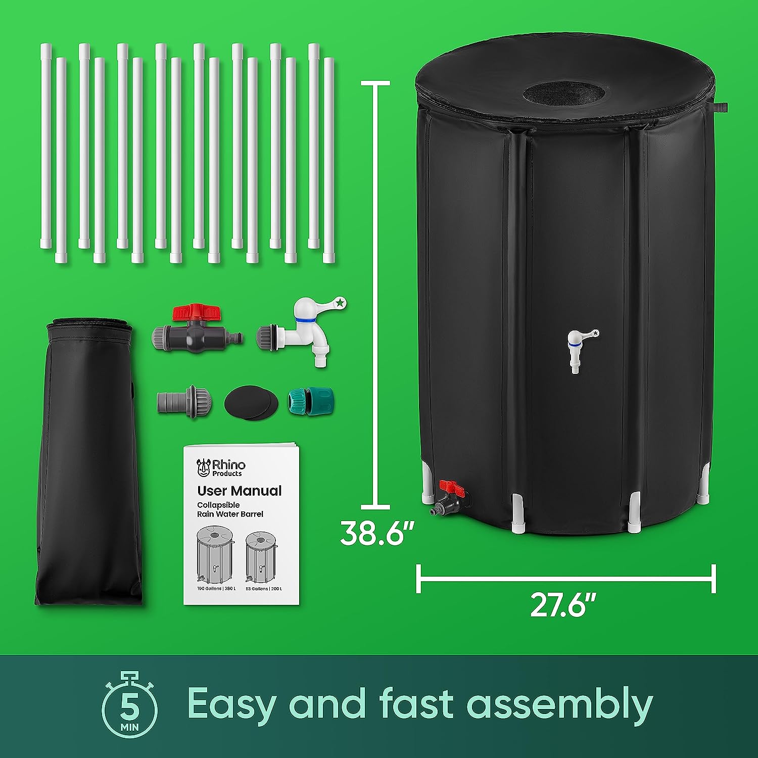 BaseMate Collapsible Rain Barrel | 380 Litre Extra-Stable Rainwater Collection System w/Mesh on Top, Drain Pipe, & Spigot | Rain Barrels to Collect Rainwater from Gutter | Heavy-Duty Rain Catcher